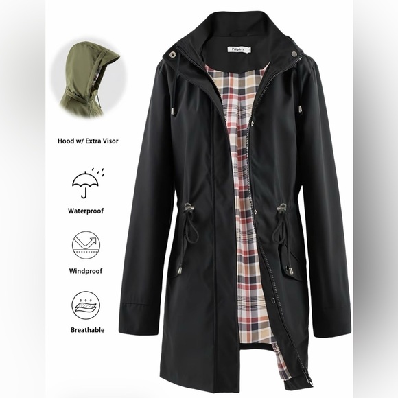New Women's Black Removable Hooded Tench Coat Rain Jacket & Brim, Lightweight - Picture 4 of 5